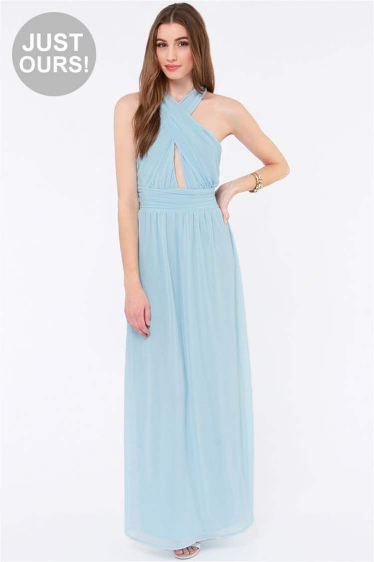 lulus light blue maxi dress Lulus Jamie Ruffled High Low Maxi Dress Sleeveless in Blue | Women's Regular Size XS | Polyester
