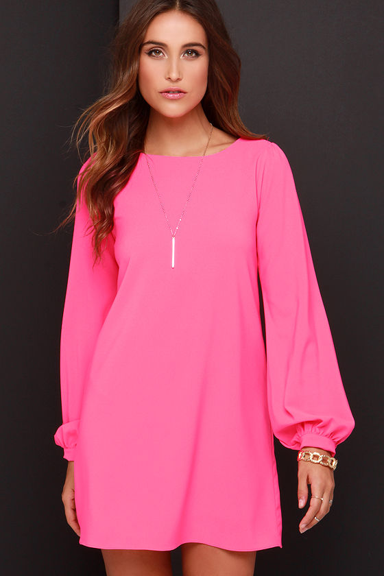 Cute Hot Pink Dress Shift Dress Long Sleeve Dress 38 00