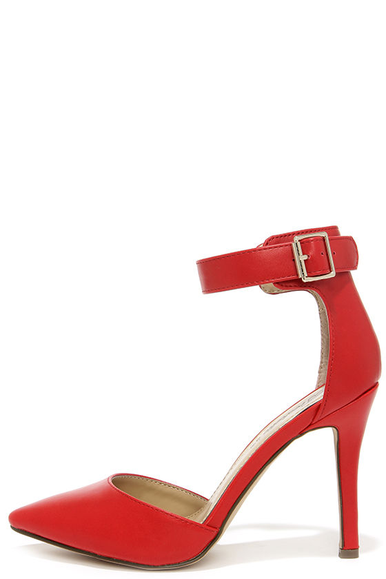 Point the Way Red Ankle Strap Heels