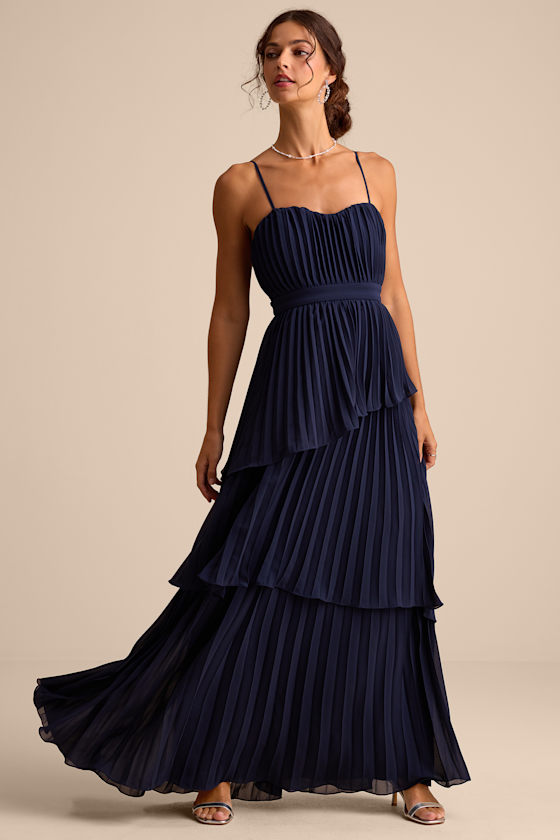 Lulus Jehona Navy Blue Pleated Tiered Maxi Dress