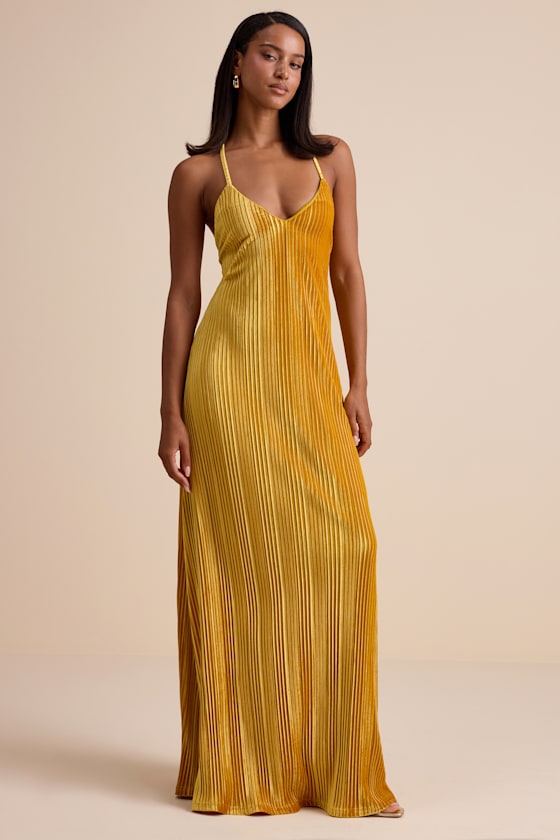 Lulus Kauri Golden Yellow Velvet Pleated Backless Maxi Dress