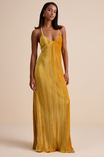 Kauri Golden Yellow Velvet Pleated Backless Maxi Dress 1