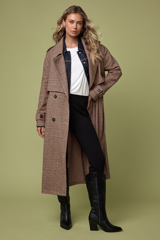 Arnella Light Brown Houndstooth Belted Trench Coat Arnella Light Brown Houndstooth Belted Trench Coat