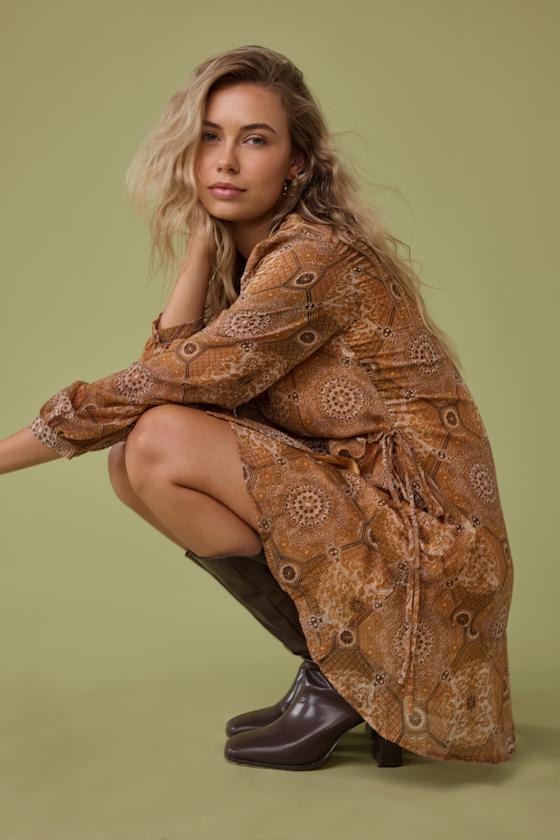 Lulus Claire Mustard Yellow Boho Print Wrap Mini Dress In Multi