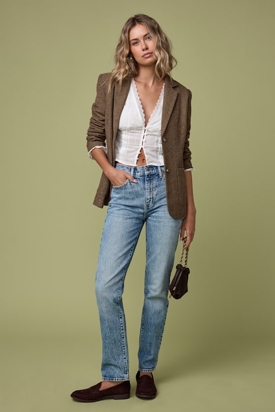 Lulus Avielle Brown Wool Tweed Collared Blazer