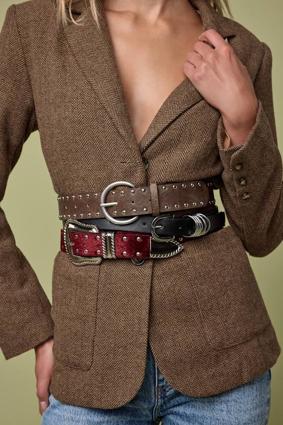 Lulus Metis Dark Red Faux Fur Studded Belt In Brown