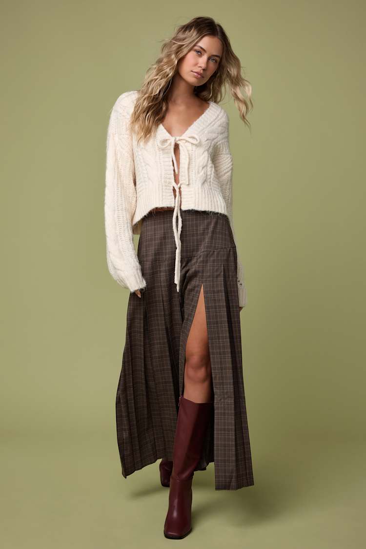 Khailyn Ivory Cable Knit Tie-Front Cardigan Sweater