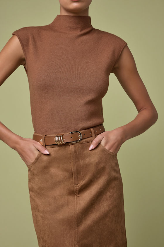 Lulus Suki Light Brown Mock Neck Cap Sleeve Sweater Top