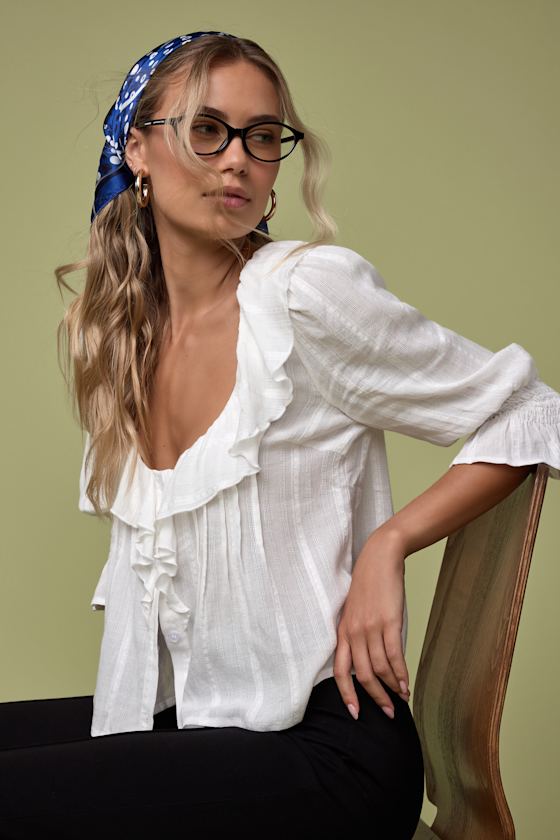 Lulus Auclair White Poplin Tie-front Collared Long Sleeve Top In White