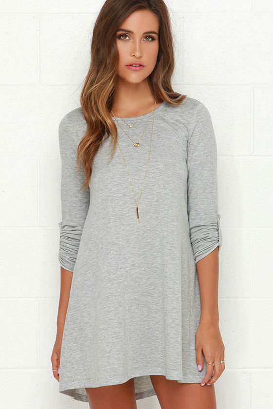 Cute Light Grey Dress - Swing Dress - Sweater Dress - Long Sleeve Dress ...