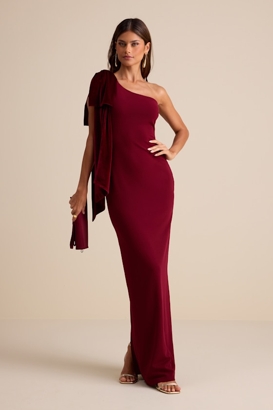 Lulus Amarila Burgundy One-shoulder Velvet Bow Maxi Dress In Burgundy