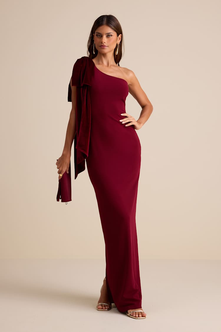 Amarila Burgundy One-Shoulder Velvet Bow Maxi Dress