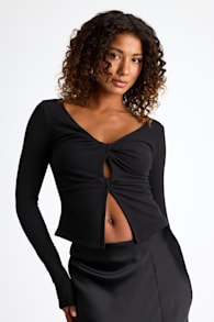 Lumirah Black Ribbed Knot-Front Cutout Long Sleeve Top 3
