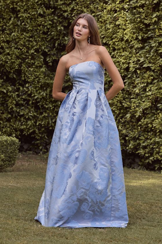 Image of Laurelin Slate Blue Floral Jacquard Pleated Strapless Maxi Dress