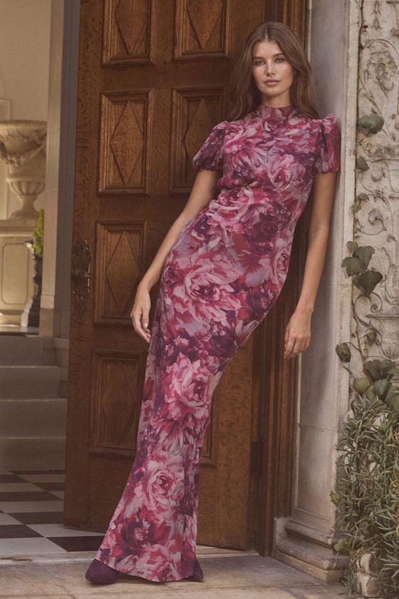 Lulus Langley Mauve Multi Floral Backless Maxi Dress In Purple