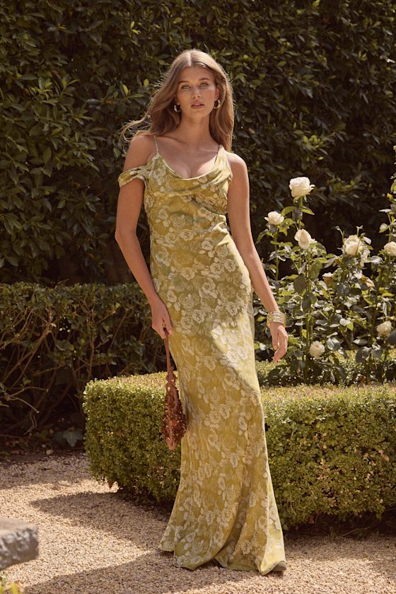 Cavani Chartreuse Floral Satin Asymmetrical Maxi Dress