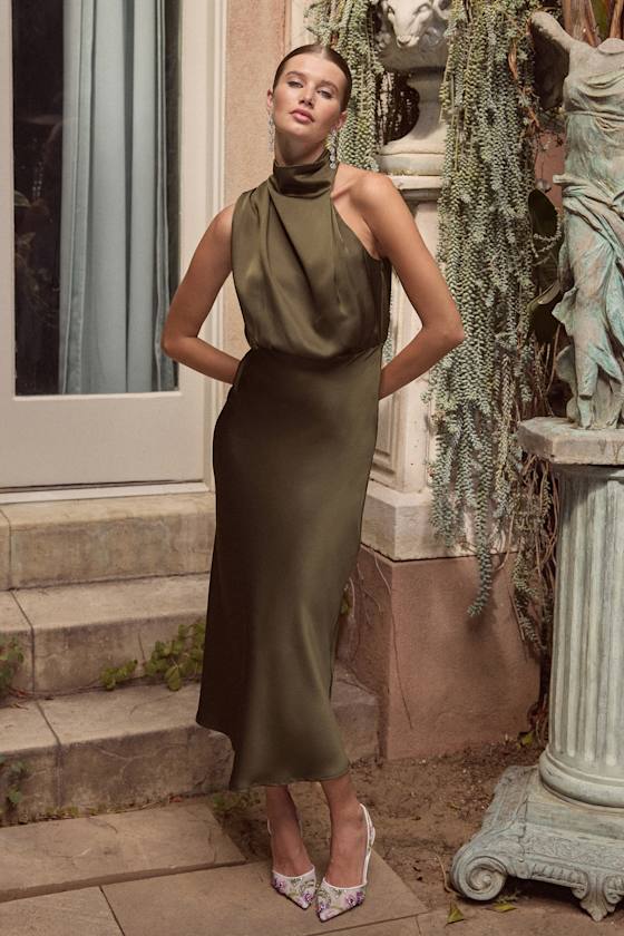 Olive Green Dress - Green Satin Dress - Mock Neck Midi Dress - Lulus