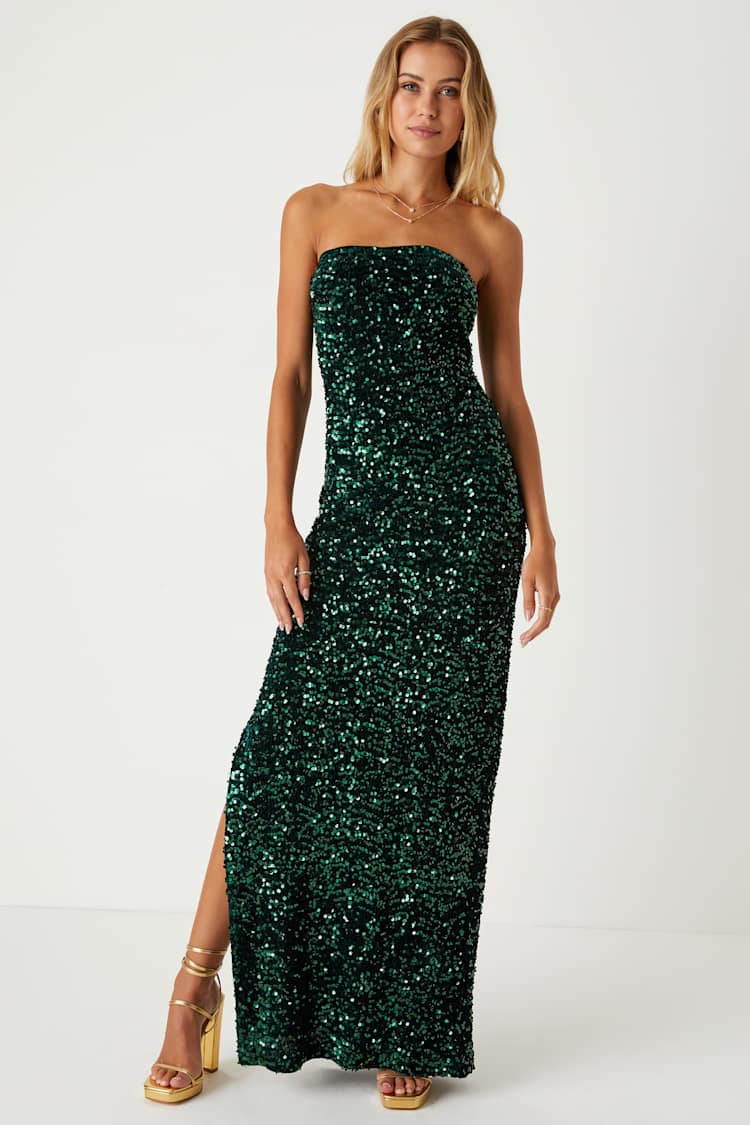 slim fit dress slacks Dark Green Plus Size Scoop Neck Gown With Sequin Applique