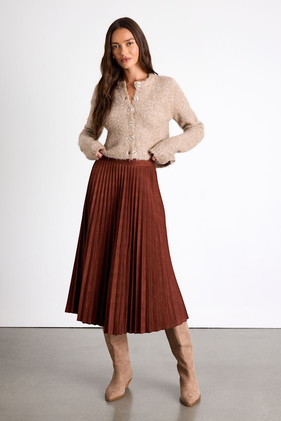 Lulus Raylie Rust Brown Suede Pleated Midi Skirt In Animal Print