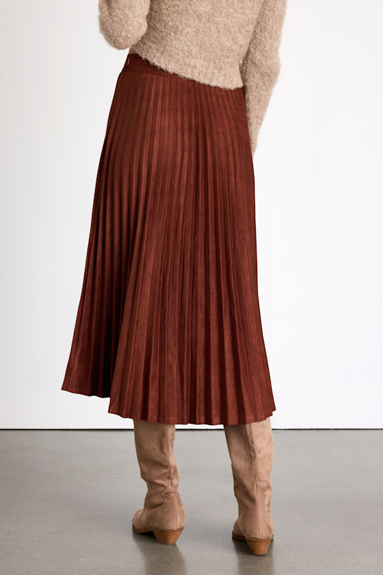 Lulus Raylie Rust Brown Suede Pleated Midi Skirt In Animal Print