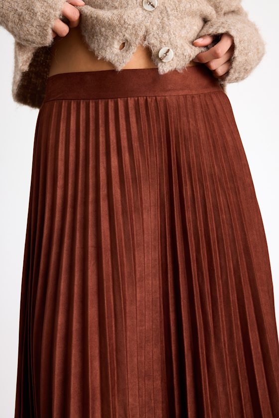 Lulus Raylie Rust Brown Suede Pleated Midi Skirt In Animal Print