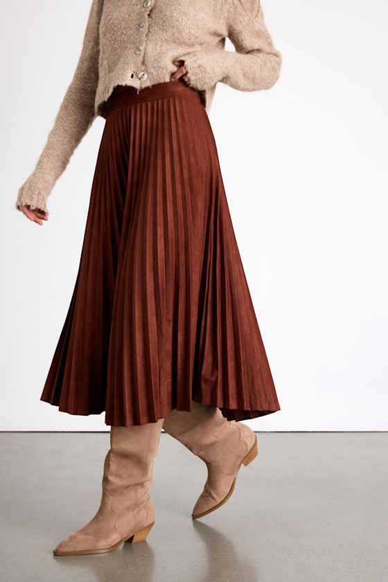 Raylie Rust Brown Suede Pleated Midi Skirt - thumbnail 5