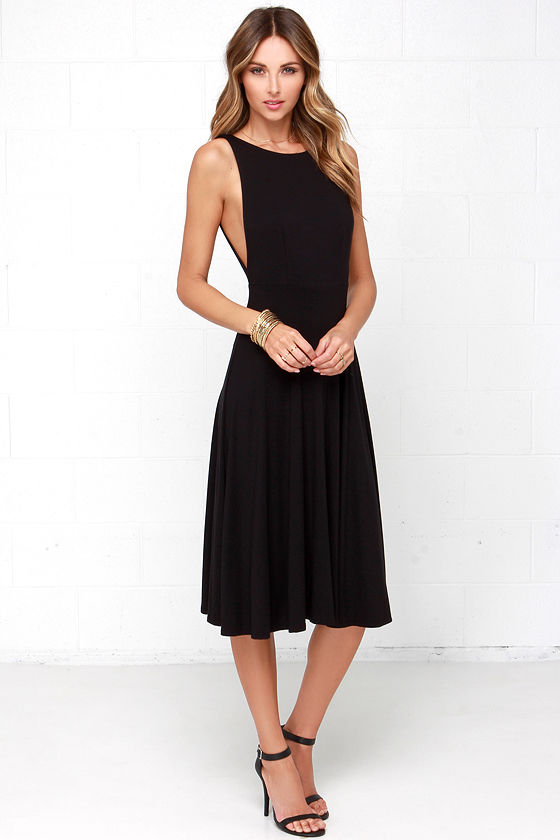 black backless midi dress
