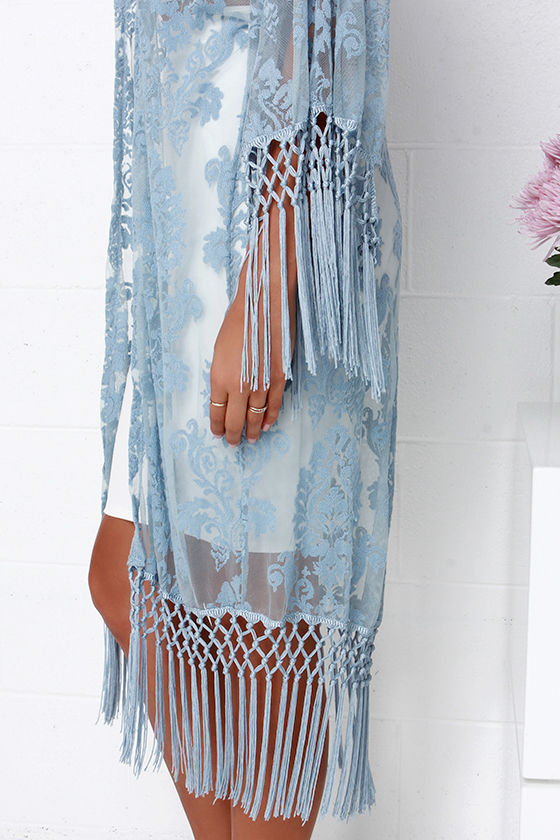 Cute Light Blue Kimono Lace Kimono Fringe Kimono 78.00