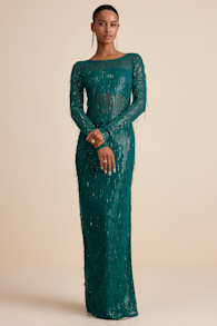 Sheer Fascination Emerald Sheer Mesh Sequin Fringe Maxi Dress 6
