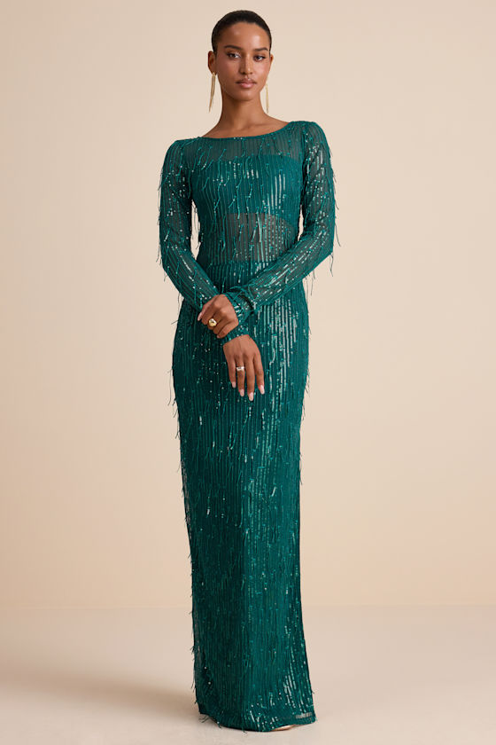 Sheer Fascination Emerald Sheer Mesh Sequin Fringe Maxi Dress 6