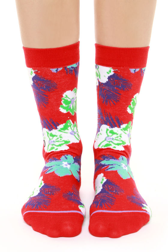 Stance Island Fever Socks Red Socks Floral Print Socks 14.00 Lulus