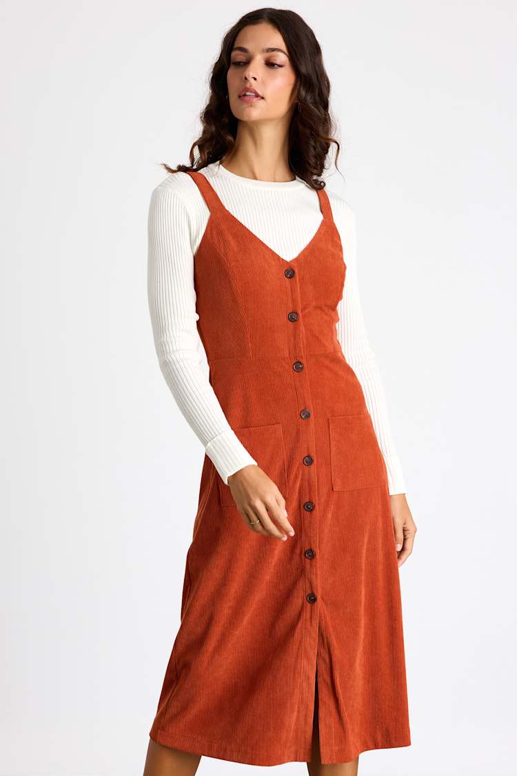 Certainly the Sweetest Orange Corduroy Button-Front Midi Dress Certainly the Sweetest Orange Corduroy Button-Front Midi Dress