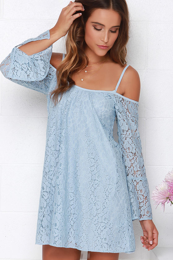 Lucy Love Hollie - Light Blue Lace Dress - Long Sleeve Dress - Off the