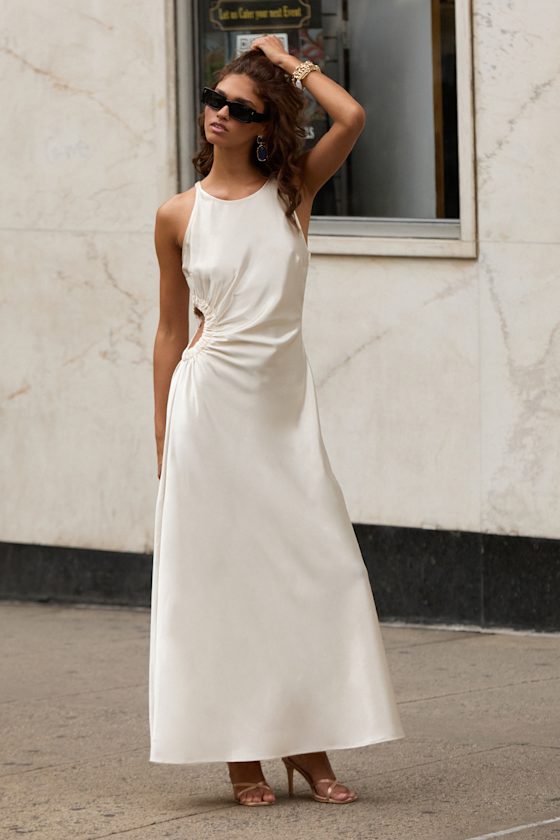 Lulus Cherita Champagne Satin Cutout Maxi Dress In White