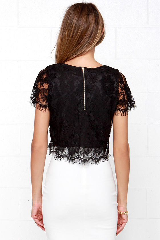 Pretty Black Crop Top Lace Crop Top Short Sleeve Lace Top 34.00