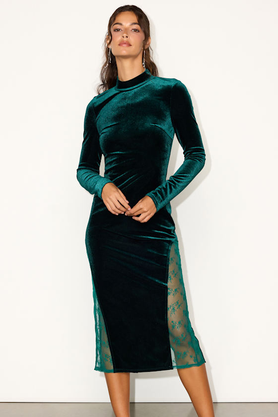 Lulus Eloquent Drama Emerald Green Velvet Mock Neck Midi Dress In Green