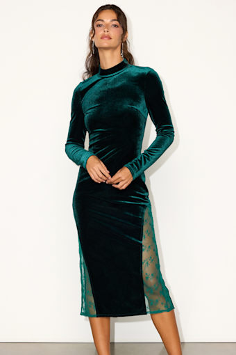 Eloquent Drama Emerald Green Velvet Mock Neck Midi Dress 1