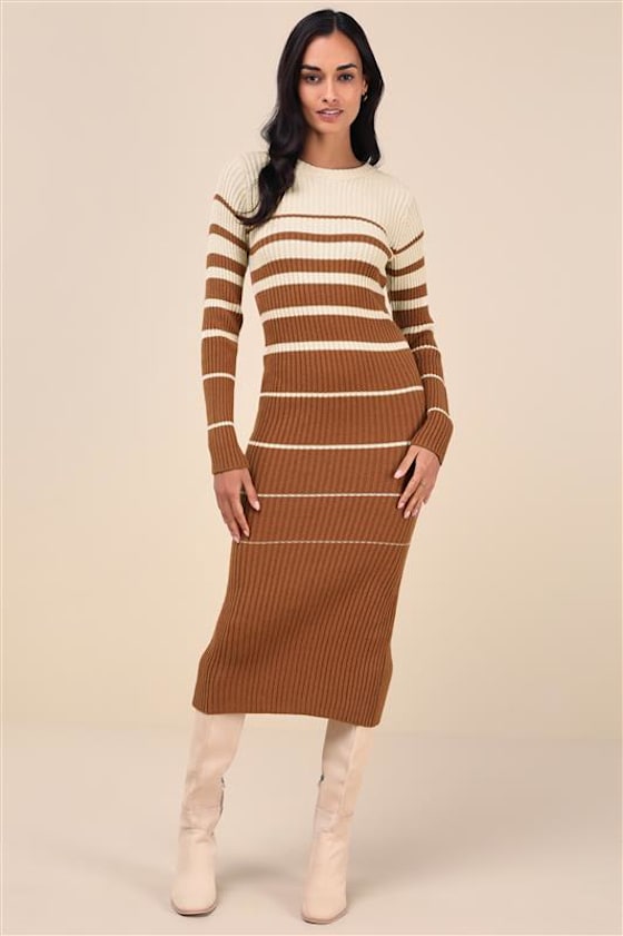 Seasonal Status Ivory and Brown Striped Midi Sweater Dress