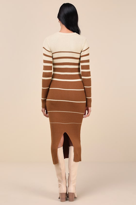 Seasonal Status Ivory and Brown Striped Midi Sweater Dress 7