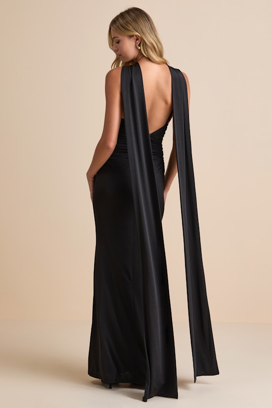 Noretta Black Jersey Knit Keyhole Cutout Sash Maxi Dress 6