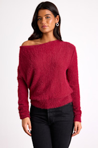 Care For You Berry Red Eyelash Knit Cowl Neck Reversible Sweater 6