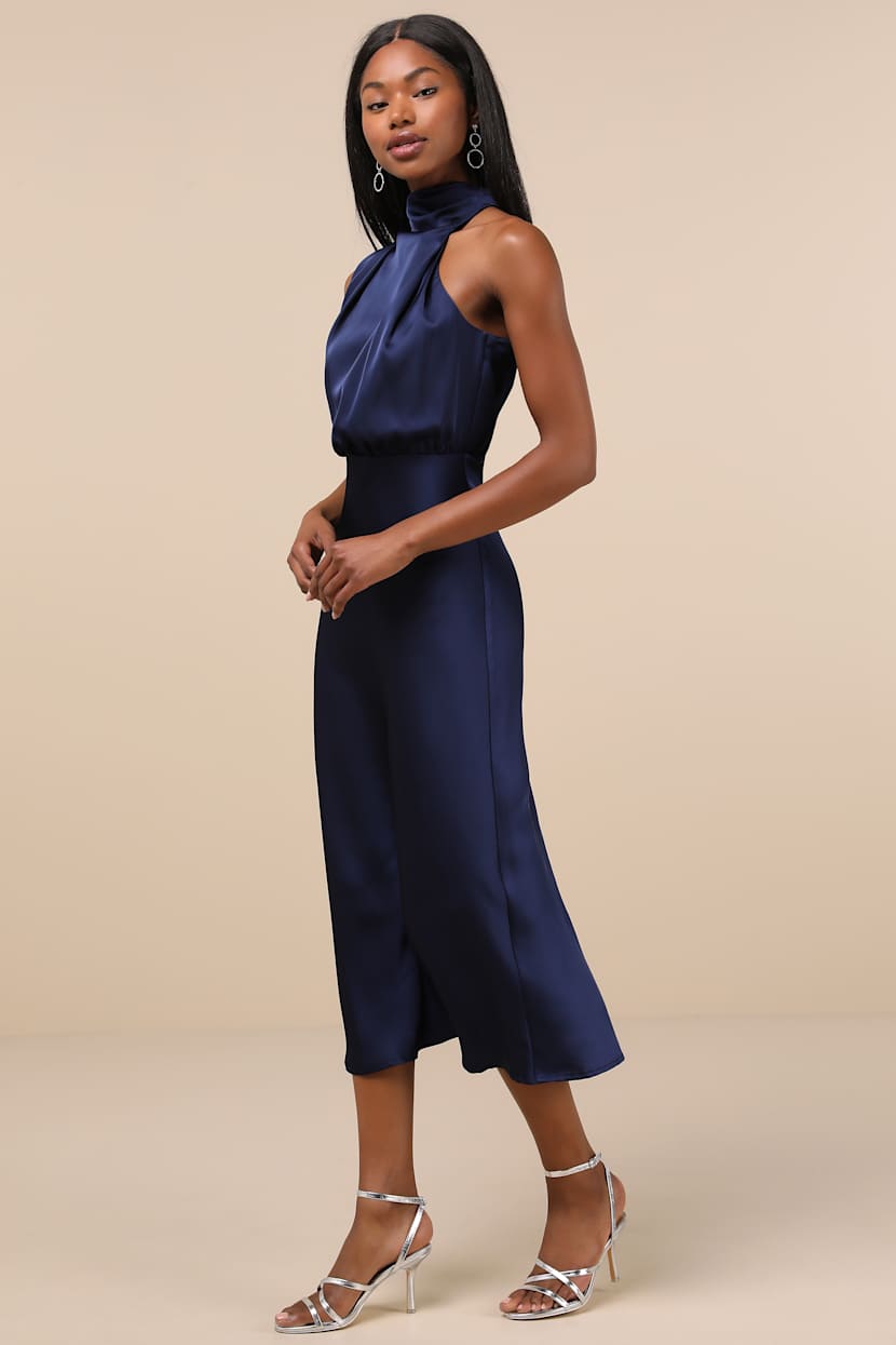 Navy Satin Asymmetrical Midi Dress | Womens | Small (Available in XS, M, L) | 100% Polyester | Lulus Navy Satin Asymmetrical Midi Dress | Womens | Small (Available in XS, M, L) | 100% Polyester | Lulus