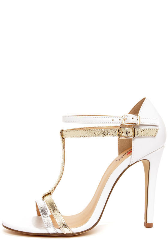 Luichiny Day Glow White, Gold, and Silver T-Strap Heels