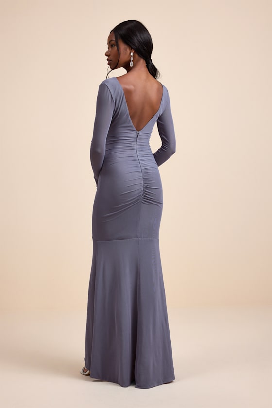 Lulus Georgina Slate Blue Jersey Knit Ruched Mermaid Maxi Dress In Gray