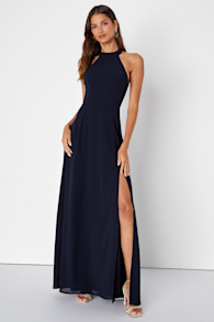Confidently Charismatic Navy Blue Backless Halter Maxi Dress 13