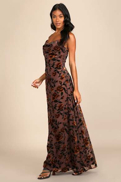slim fit dress slacks Floral Maxi Dress, Fall Brown Autumn Long Flowers Spaghetti Straps Women Sleeveless Casual Cute Designer Elegant Plus Size Cocktail Designer 5XL / main image 1