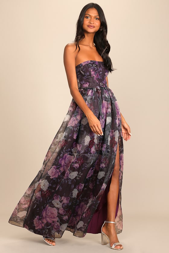 Wonderful Waltz Purple Floral Print Strapless Bustier Maxi Dress 1