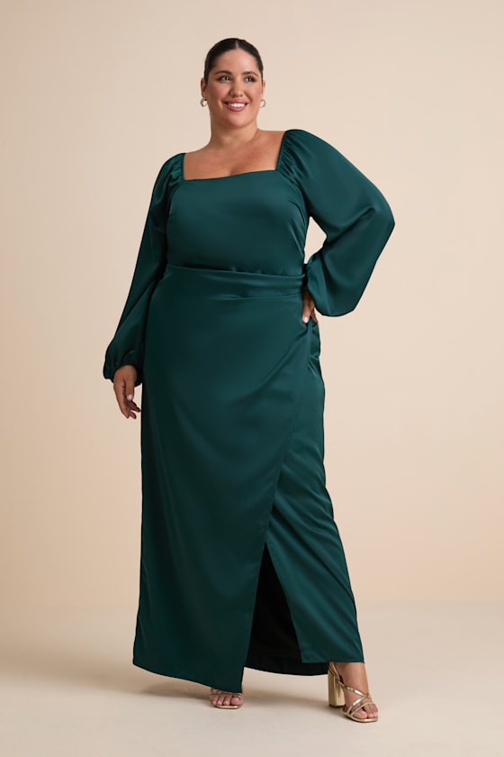 Emerald Satin Gown - Tulip Satin Maxi Dress - Square Neck Maxi - Image 5