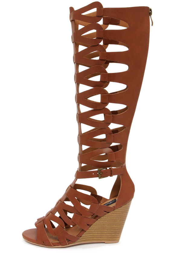 Heart Soul Anglica Cognac Tall Caged Wedge Gladiator Sandals 1