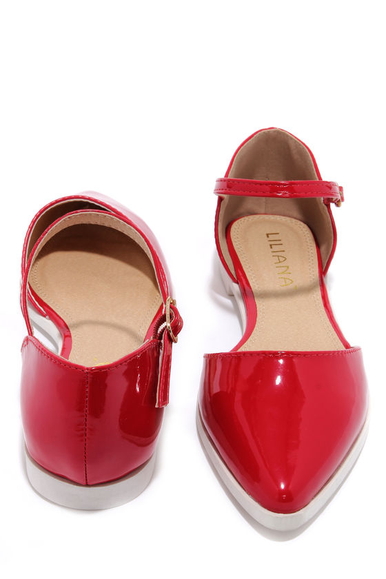 Patent Pending Red Patent Pointed Ankle Strap Flats